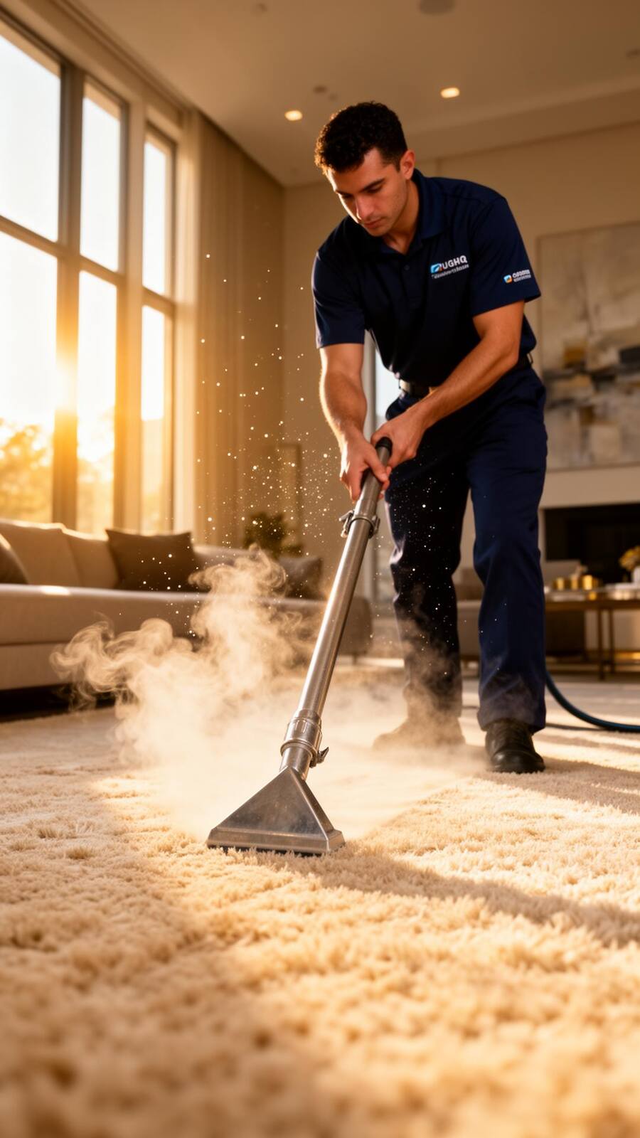 Professional steam cleaning technician working on a carpet in a bright Atlanta home